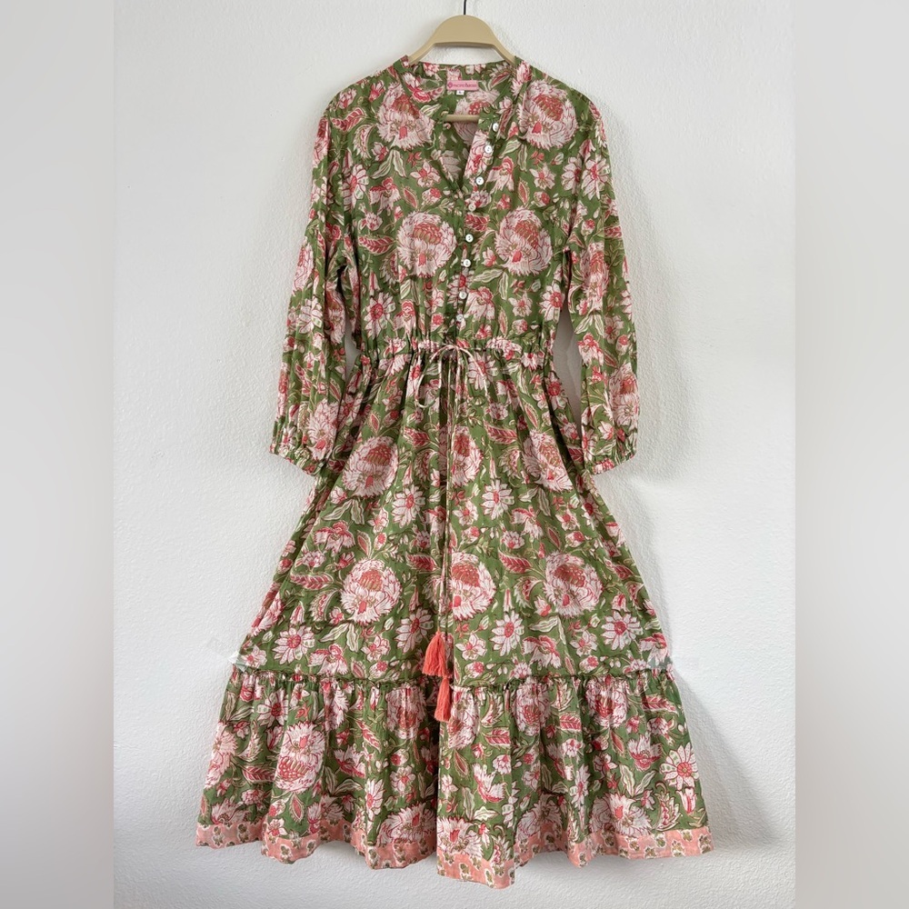 Pacific & Rose Textiles - Hilia Midi Tiered Dress, Pink & Green Floral - Picture 3 of 11